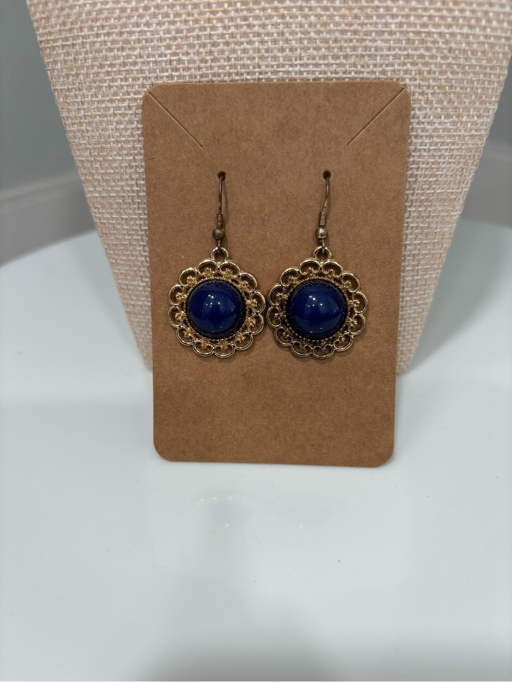 Gold Filigree Drop Earrings with Deep Blue Cabochon